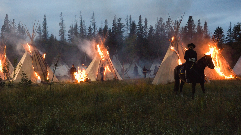 Publicity photo for the 2007 HBO TV movie Bury My Heart at Wounded Knee, which has recently been cropped and captioned to falsely claim it occurred at the NoDAPL protests (HBO)